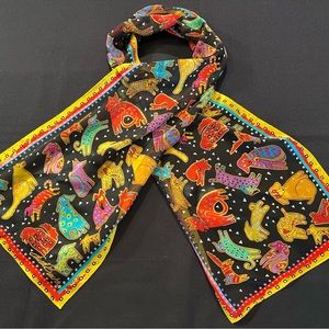 Laurel Burch long silk “Dogs & Puppies” theme scarf, 53”X11